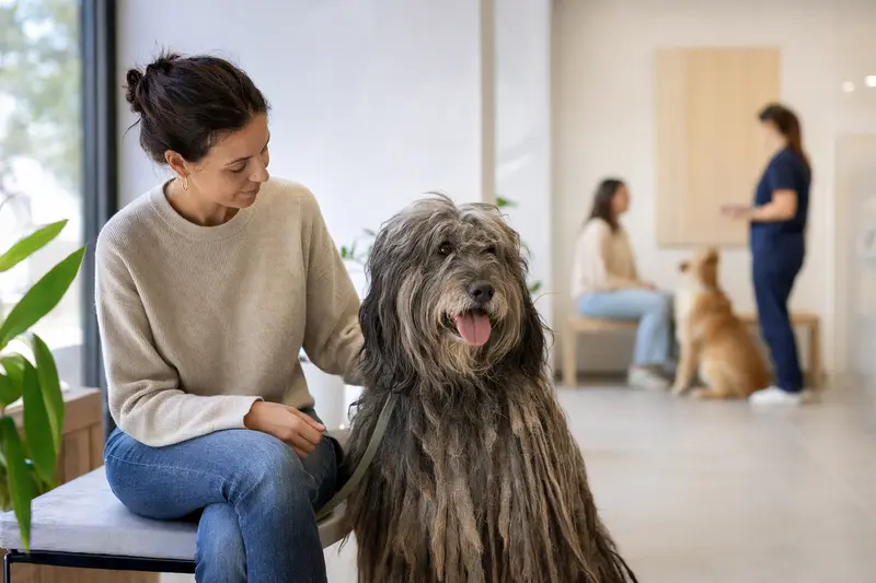 Ein Bergamasco-Hütehund sitzt ruhig neben seinem Besitzer im hellen Wartezimmer einer modernen Tierarztpraxis.